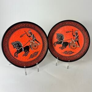 2 Grecian Hand Painted Clay Plate ADIS Signed Anastasiadis Greece Trojan Troy